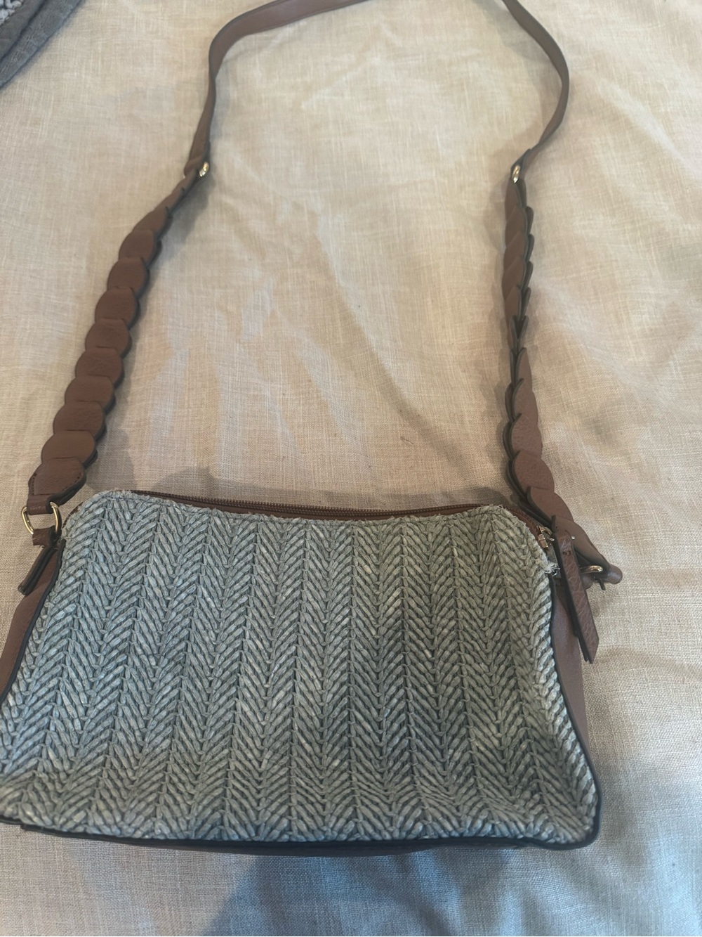 Woven Crossbody Bag with Brown Leather Strap